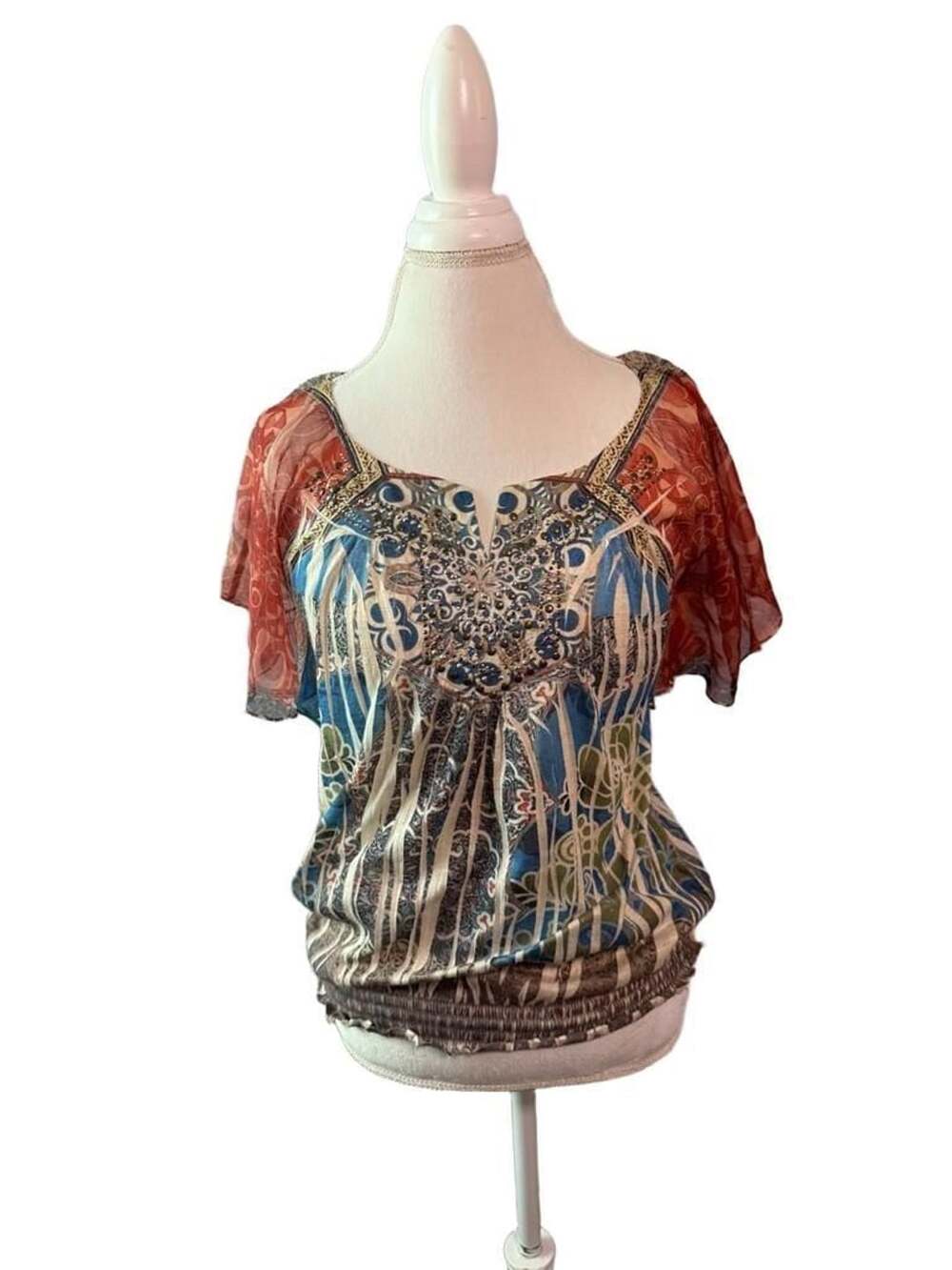 One World Multicolor Boho Print Rhinestone V-Neck Blouse Top with Sheer Flutter